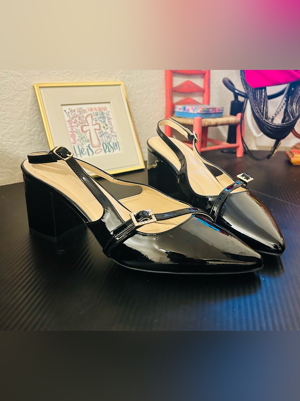 Black Patent Slingback Block Heel Pumps